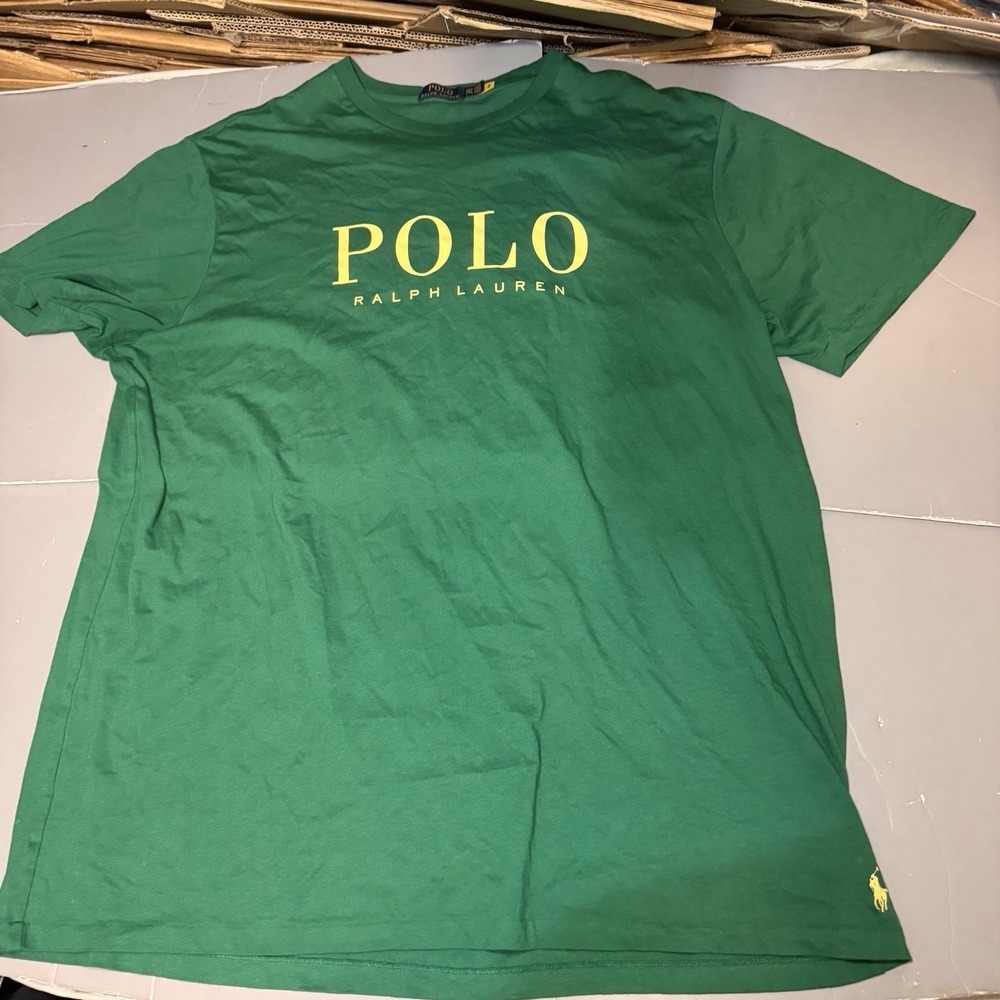 Polo Ralph Lauren T Shirt Mens 2XLT Tall Green Yellow Logo Spellout Tee Flaws